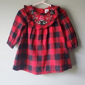 Gap Baby Girl Buffalo Plaid Dress Embroidered Bib Red/Black Size: 6-12 m…